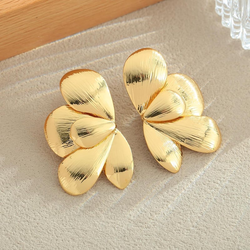 FAUTHENTICUTE Chunky Gold Statement Earrings For Women Gold Plated Sectored Flower Leaf Shell Angel Wing Earrings Large Stud Earrings Hypoallergenic Earrings - Image 4
